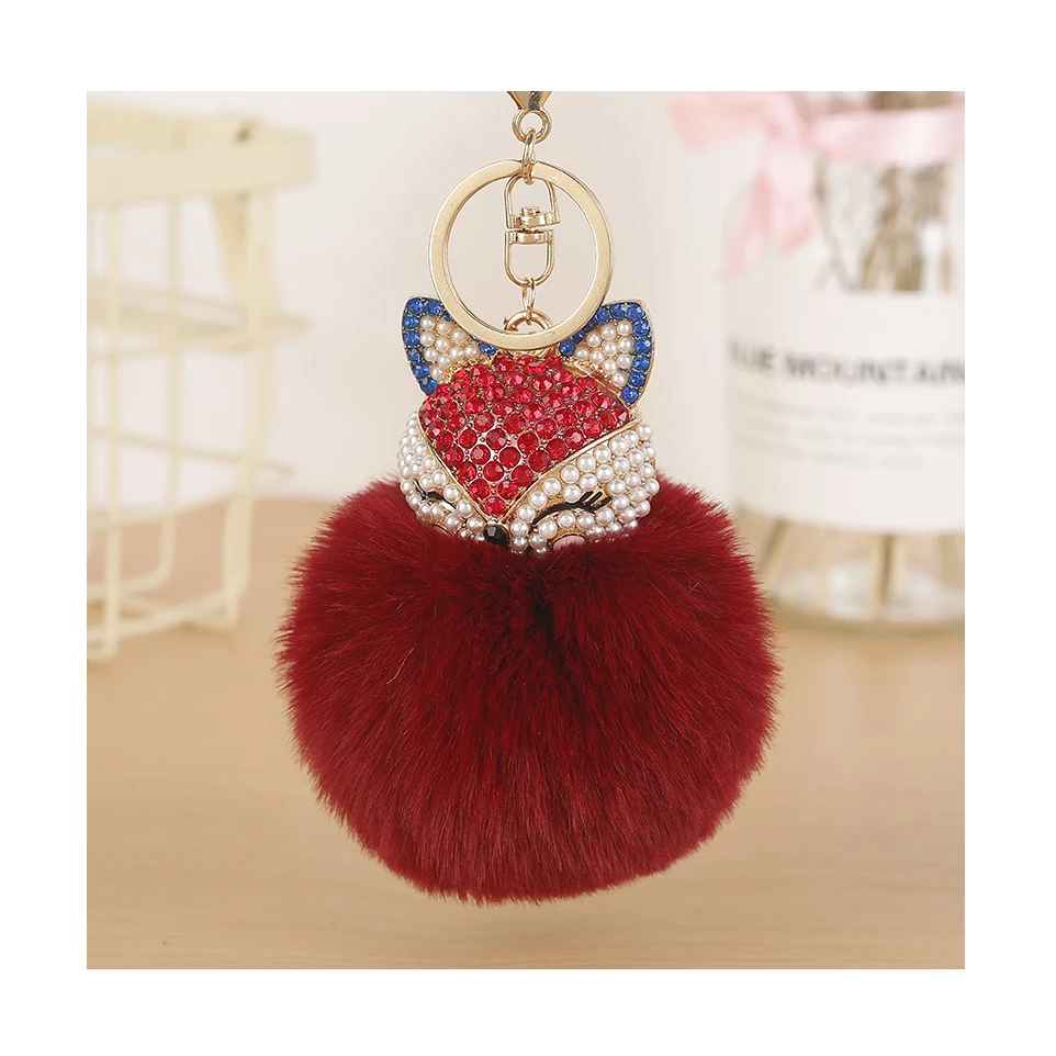 
New Rhinestone Faux Rabbit Fur Ball Pompom Fox Head Diamond Car Key Chain For Women Bag Car Key Ring Holder 1073A 