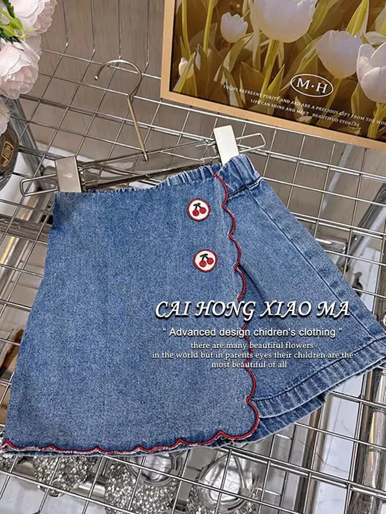 2024 Little Girl Summer Clothing White Red Turn-down Sleeveless Polo Shirt +Denim Skirt Shorts 2 pcs Garment Set