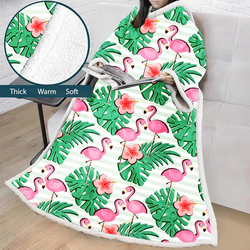 Wholesale Popular Design Home Decor Boho Sleeve Flannel Microfiber Flamingo Fleece Tv Blanket with Sleeves