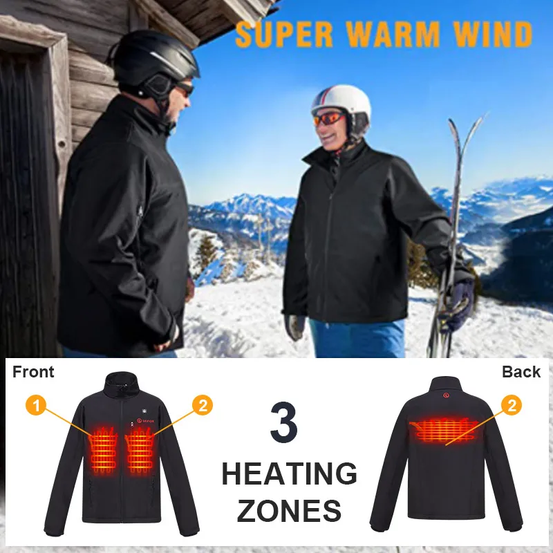 Custom Black Smart Warming Electric Three Area USB Heated Jackets Clothing Windproof Battery Heating Jacket for Winter