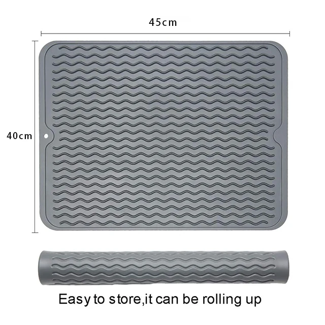 Large size Dish Silicone Draining Mat for Kitchen Counter, Dishwasher Flume Folding Silicone Drying Mat retangular raised grain
