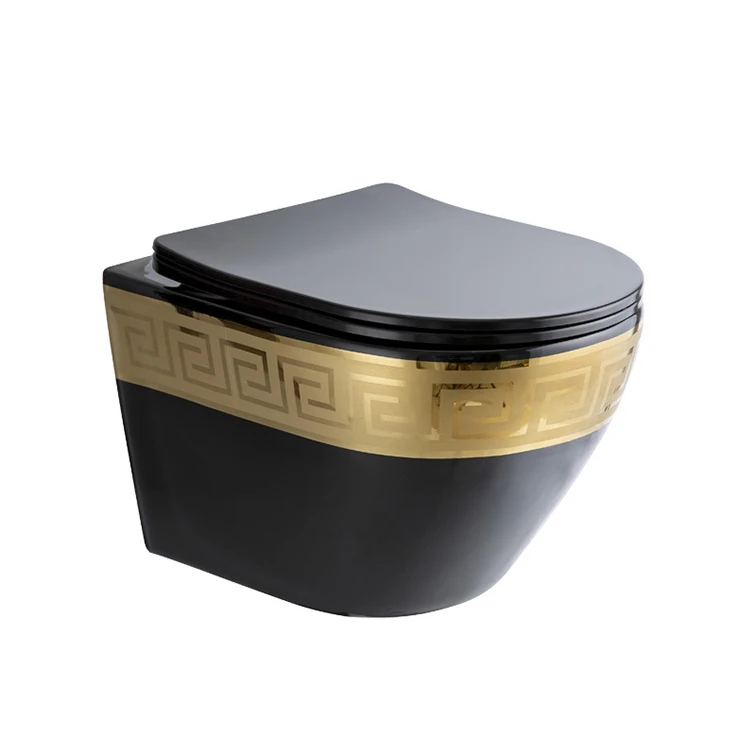 Luxury Design Colored Sanitary Ware Bathroom Wall Mount Row Hanging Toilet Bowl Ceramic Black and Gold Wall Hung Toilet