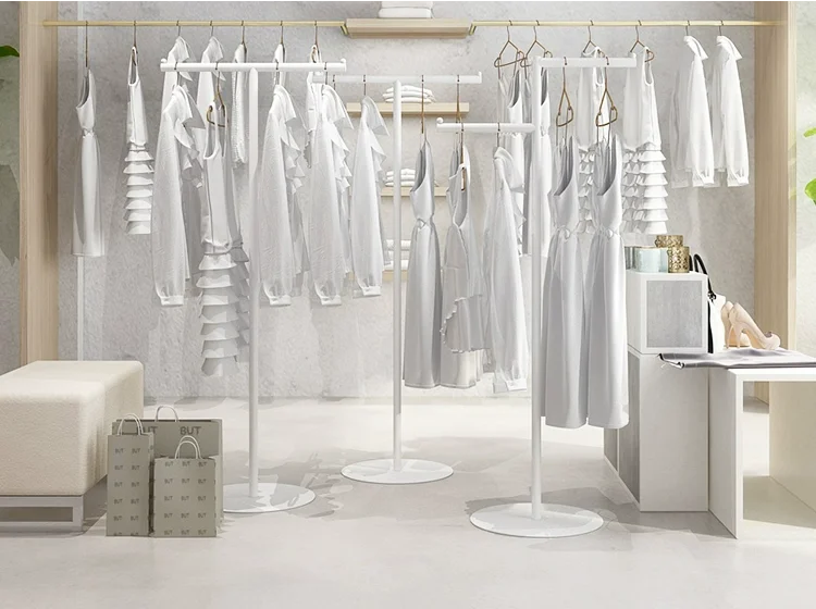Custom Clothing Store Single Pole Metal Floor Standing Clothes Trousers Dress Display Rack Stand With Round Base