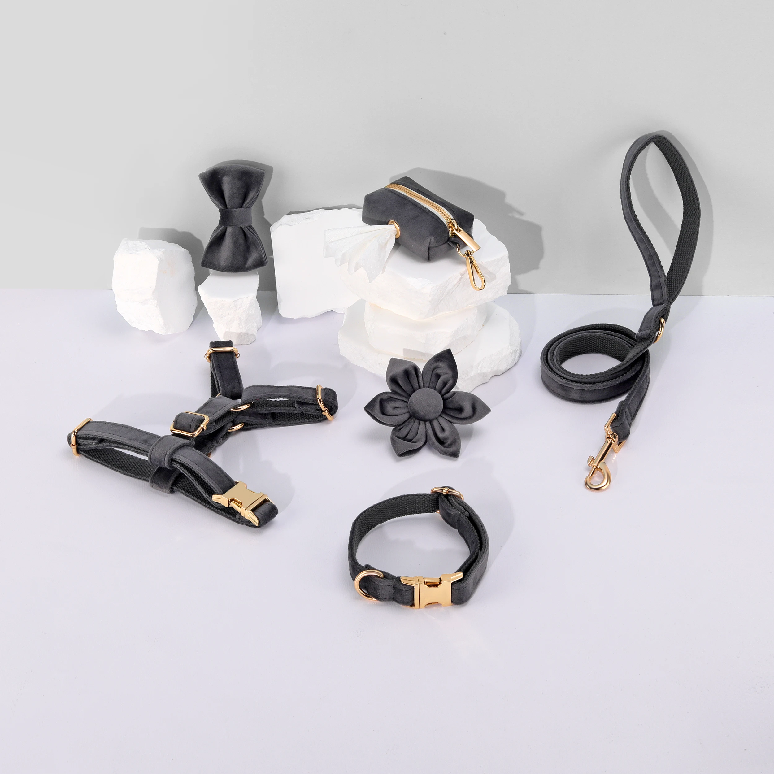 2024 new products ideas fashion adjustable dog harness high quality cute dark grey velvet designer harness for dogs pet leashes