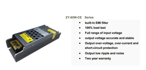 Factory wholesale IP20 CE FCC certified slim power supply AC90-265vDC12/24v 60w Aluminum housing power supply