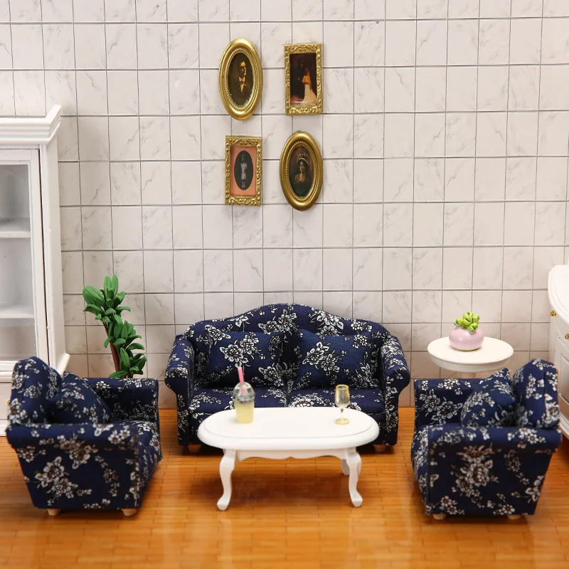 1/12 Miniatures Doll House Furnishings 3Pcs Sofa Kit with Pillow Miniature Toys Couch Chairs for Living Room