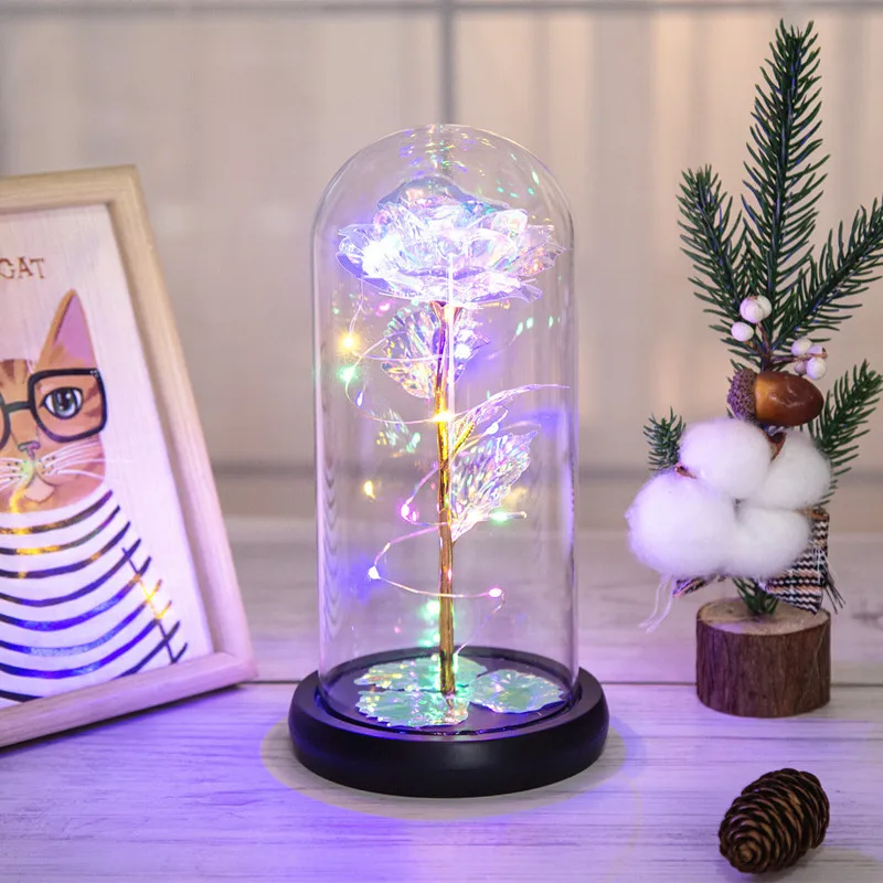 Популярные 24K Galaxy Roses со светодиодной подсветкой в стеклянном куполе для Дня матери День святого Валентина