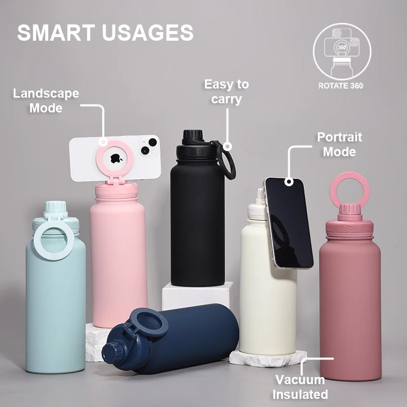 2024 New Style Large Capacity 32OZ 1000ML Double Wall Stainless Steel Insulated Vacuum Bottle With Magnetic Phone Holder