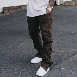 Custom 100% Cotton Mens Trousers With 6 Side Pockets Loose Streetwear Cargo Pant Split Hem Flared Stacked Sweat Pants For Men