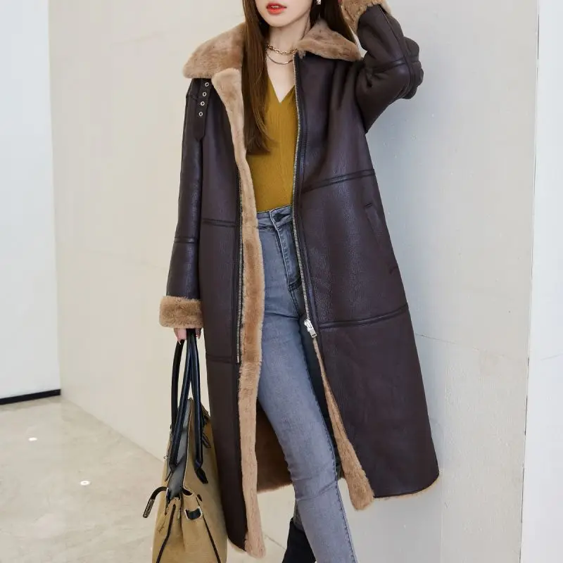 Fleece warm luxury Sheep fur parka patchwork fur coat motorcycle jacket genuine women leather coat leather crop with fur