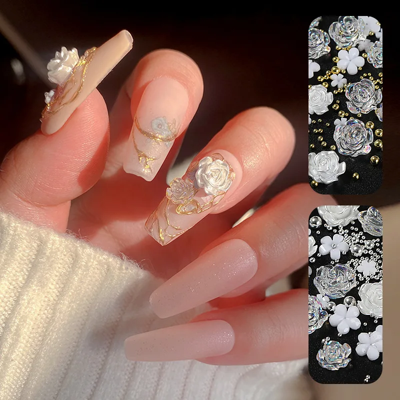 3D Acrylic Flower Nail Art Decorations Mixed Size Gold Gem Beads Nails Charms Rhinestones Nail Supplies DIY Accessories