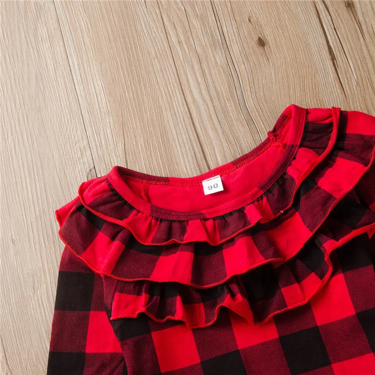 Wholesale children boutique clothing baby clothes Red black Grid top+ Leather skirt +hairband 3pcs girl clothes set