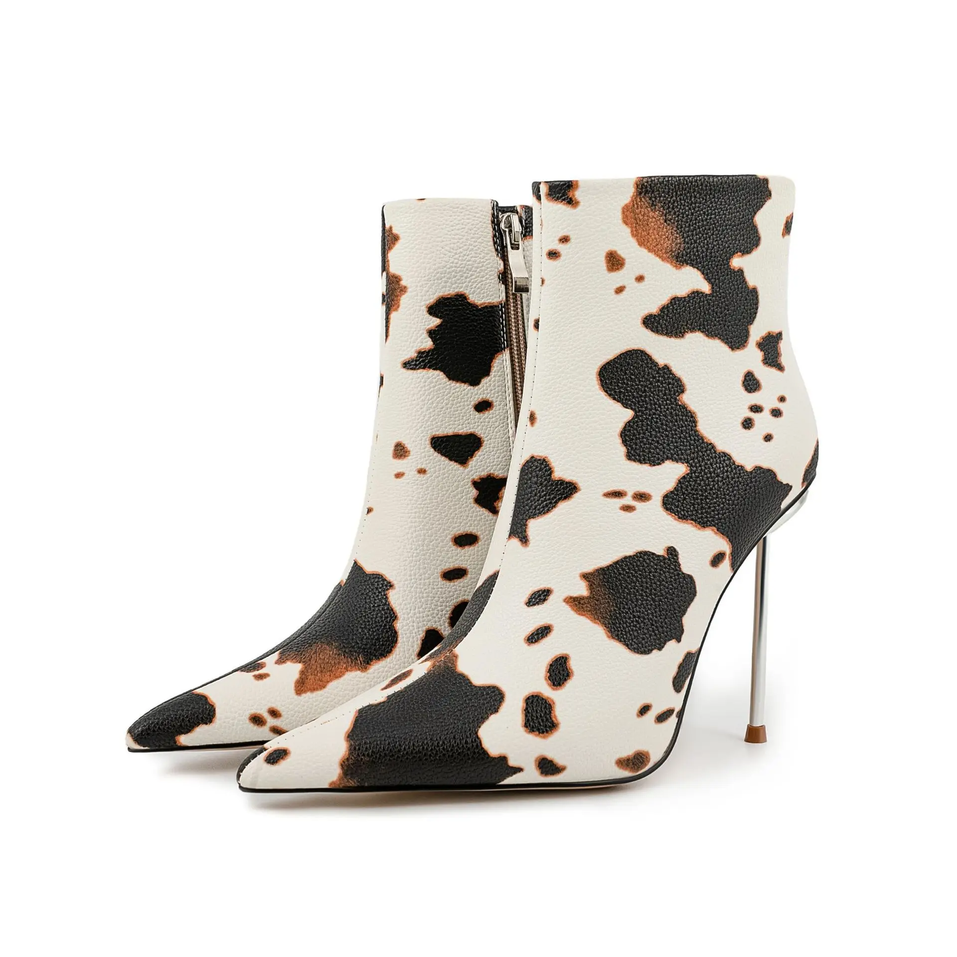 Xinzirain Logo Custom Ladies High Heel Boots Big Size 47 Point Toe Cow Print Leather Women Stiletto Ankle Boots