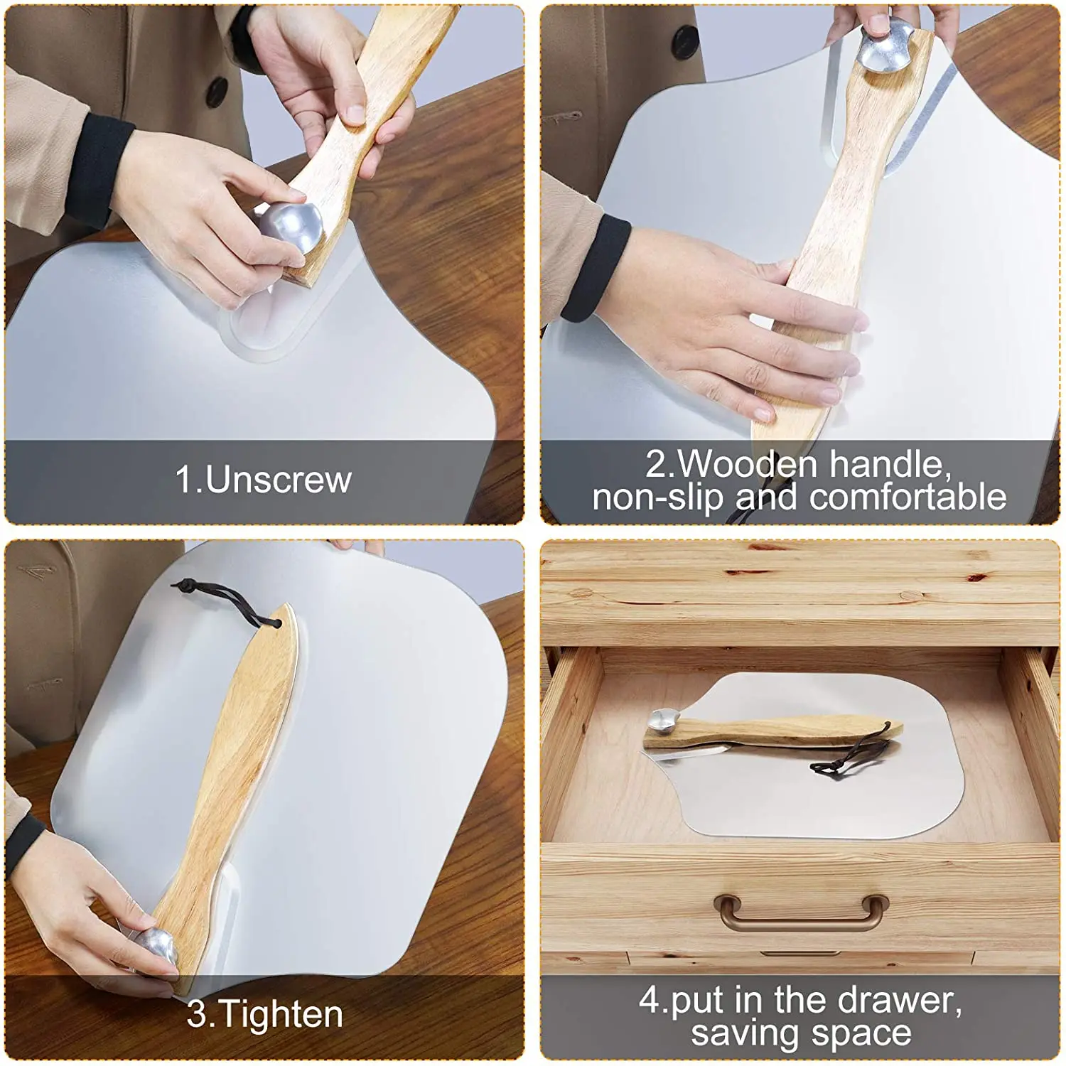 Wholesale Aluminum Metal Ovens Pizza Shovel Pizza Peel Easy Storage Pizza Paddle with Foldable Wooden Handle