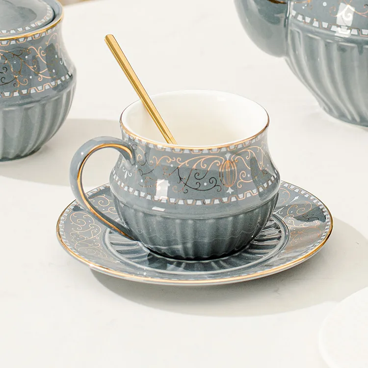 Luxury British tea pot sugar pot milk jug sets grey ceramic coffee tea cups and saucers set with gold rim