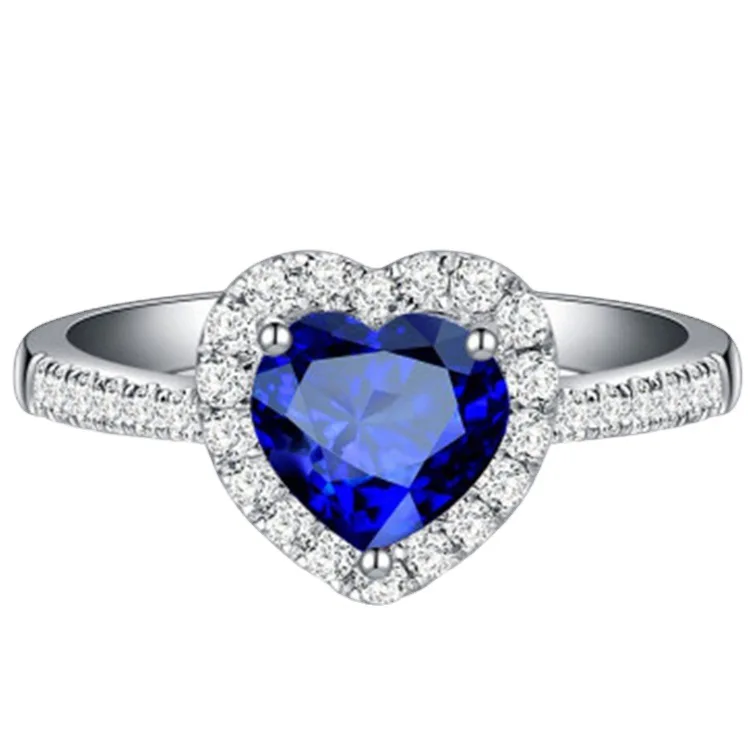 Silver Plated Jewelry Blue Heart Sapphire Ring Women Hot Sale Colorful Gemstone Ring
