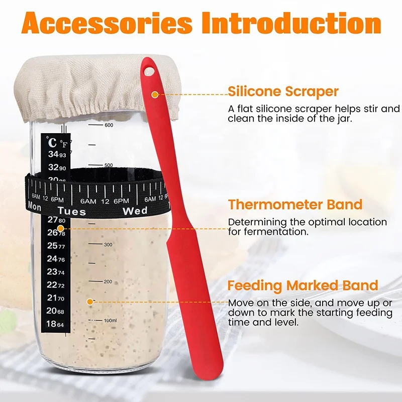 33 oz 730ml 1000ml Wide Mouth Sour Dough Sourdough Jar Sourdough StarterJar Kit with Date Marked Feeding Band for Bread Baking