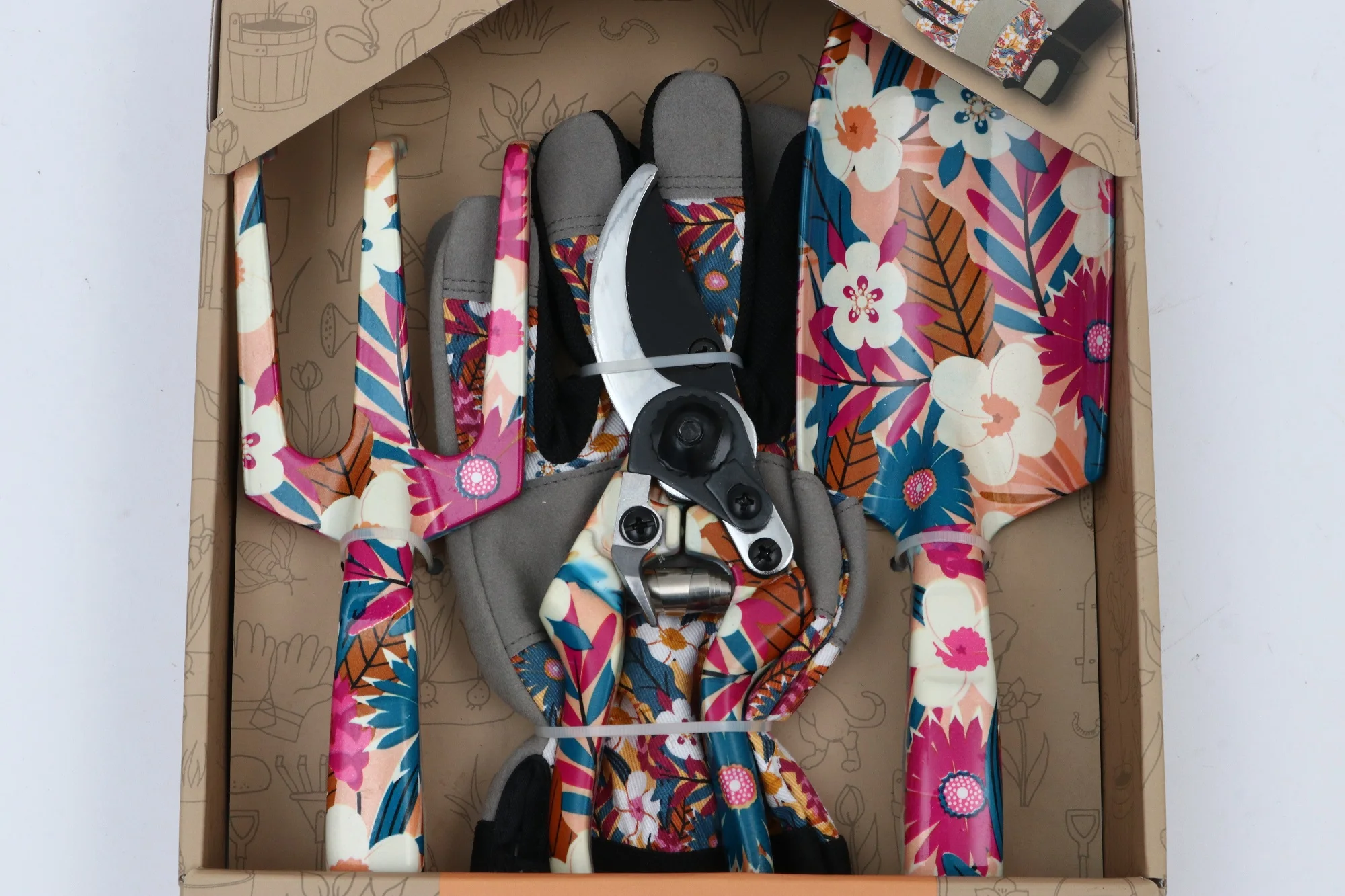 Customized Printed 4pcs Garden Hand Pruning Digging Tools Kit Set Mini shovel Rake Scissors Gloves For Gardening Working