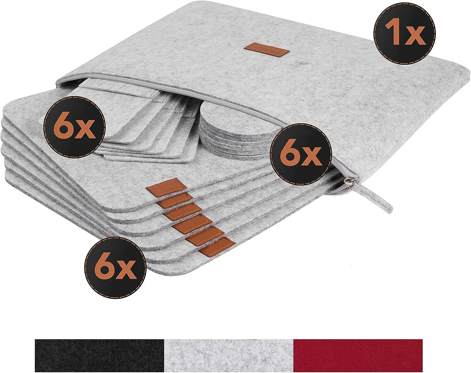 19 Pack Light Grey Felt Zip Pocket Packed Rectangle Felt Placemats with Round Felt Coasters and Cutlery Bag for Dining Table