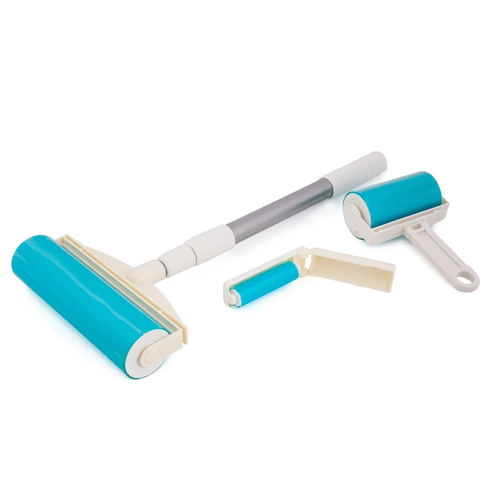3 Piece Deluxe Reusable Lint Roller Set with Extendable Stainless Steel Pole