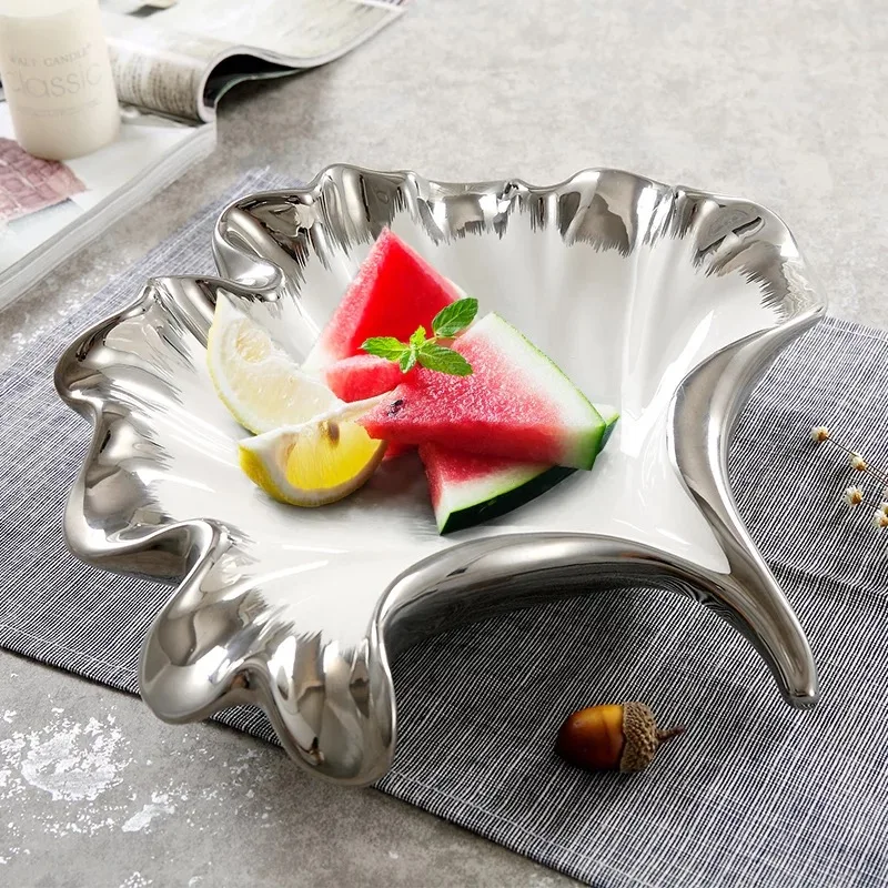 Ginkgo Leaf Shape Nordic Porcelain Plates fruit candy and Snack plate designed unique  silver Rim ceramic dish compote