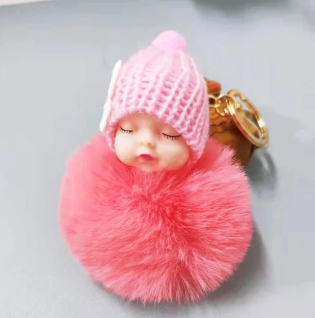 Wholesale 8cm Cute Pom Pom Ball Plush Keychains Sleeping Baby Doll Cartoon Pendant Key Ring Key Chain