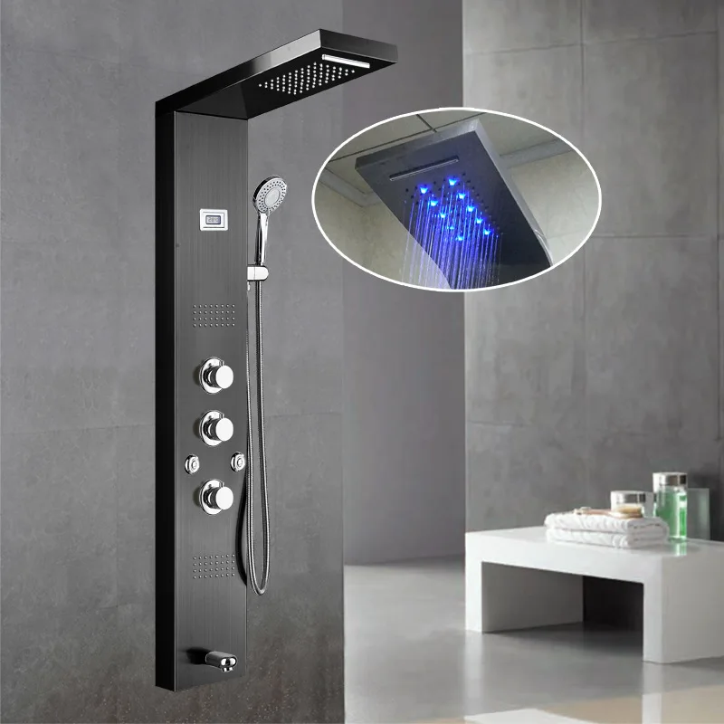 Fapuiiy LED Shower Faucet Shower Panel Bathroom Stainless Steel Contemporary Modern in Wall Shower System Waterfall Rain Black
