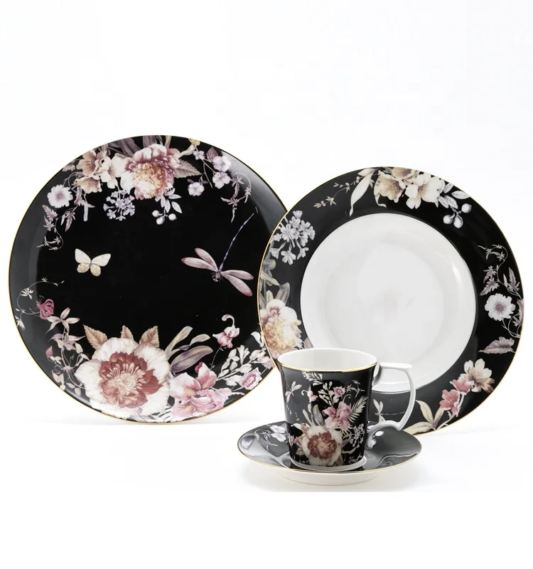 Customized dinnerware set porcelain gold rim ceramic dinner plates sets