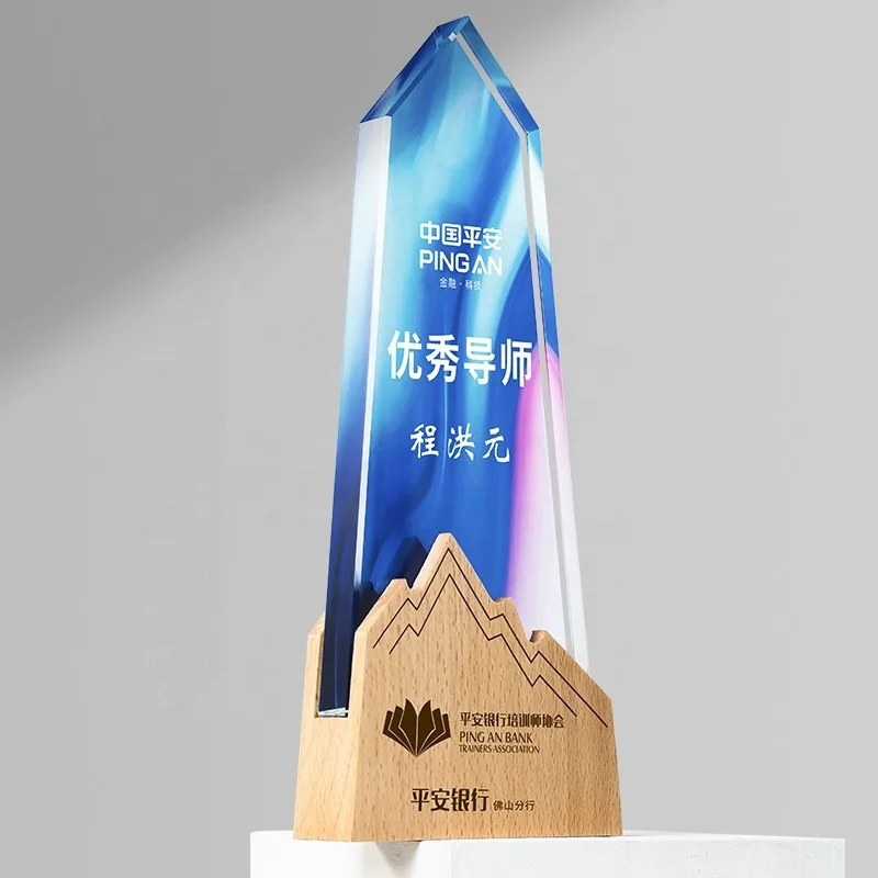 Retail OEM ODM Trofeos Cristal Medal UV Printing Crystal Glass Trophies Wood Base Victory Awards