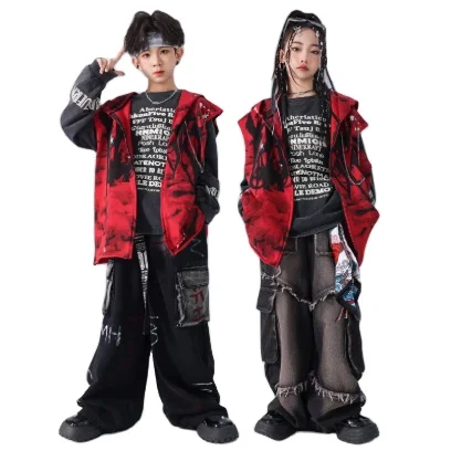 Customizable Hip-Hop Street Dance Outfit Trendy Performance Set with Hoodie, Denim Jeans, and Red Hooded Denim Vest for Kids