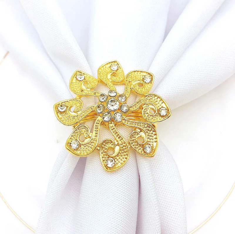 Luxury Flower Napkin Ring Gold Metal Napkin Rings Holder Crystal Diamond Dinner Napkin Rings wedding Table Decoration HWD39