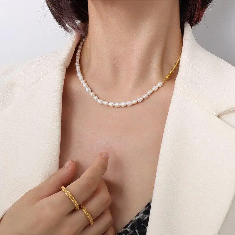 2022 New Dainty 18k Gold Plated Freshwater Pearl Mixed Chain Necklace For Women Girls Half Pearl Half Chain Necklace Jewelry