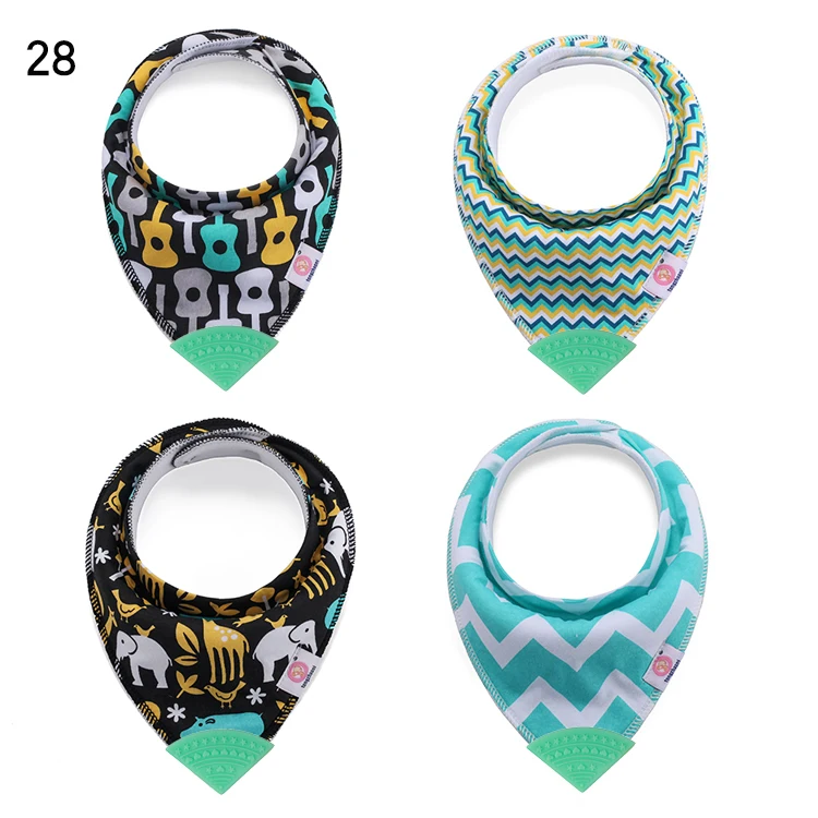 ODM/OEM Organic Cotton Printing Pattern 4 Pack Baby Drool Bandana Bibs With Silicone Teether