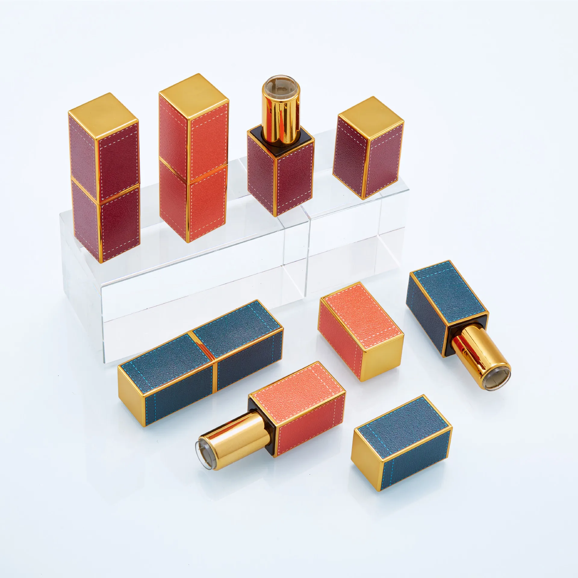 Customization Handmade DIY Material Orange, Red, Green Leather Texture 3D Printed Magnetic Button Lipstick Tube