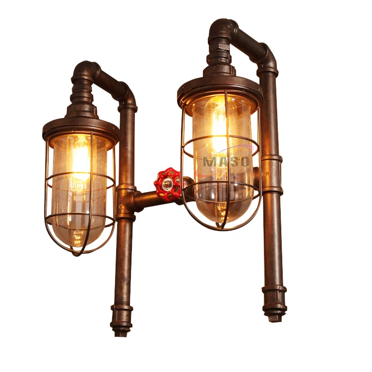 Loft vintage wall lamp Retro Industrial Double Heads Water Pipe Wall Light for Bedroom Decor iron cage sconce wall light