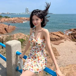 Custom halter skirt summer new French floral oblique shoulder top dress female