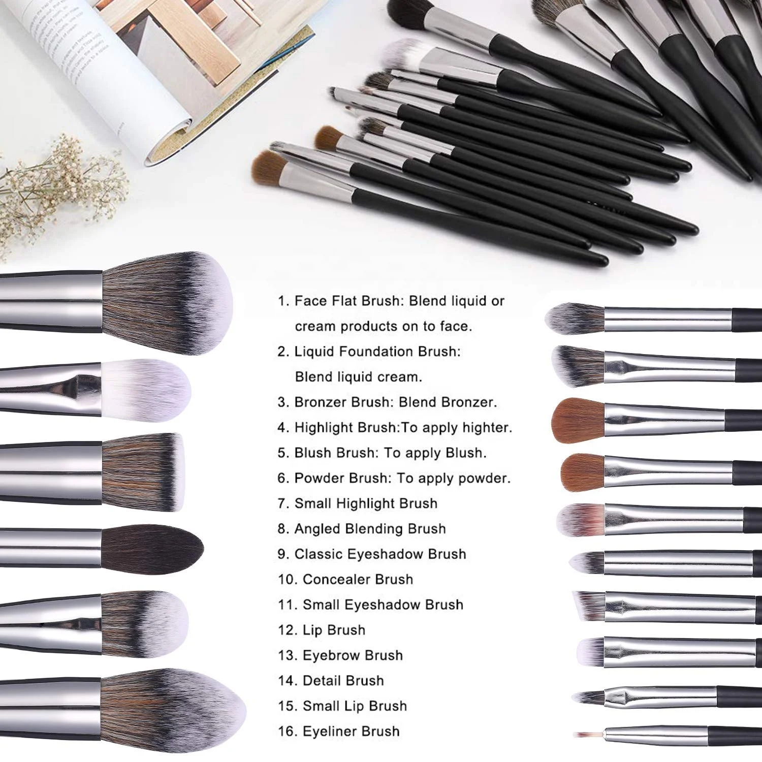 Professional BS MALL Makeup Brush Set 16pcs Custom Logo Wooden Handle Brushes Cosmetic Wholesale Black Makeup Brushes with Bag