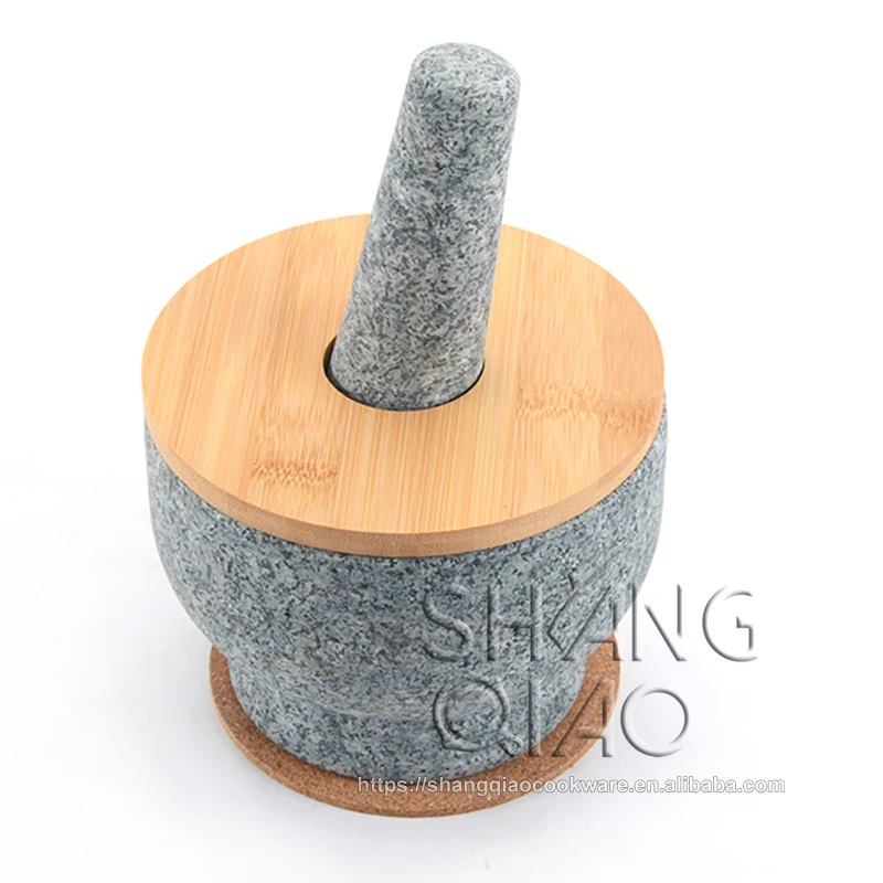 Amazon Hot Sale Natural Unpolished Exterior Granite Mortar and Pestle with Bonus Bamboo Lid and Cork Mat