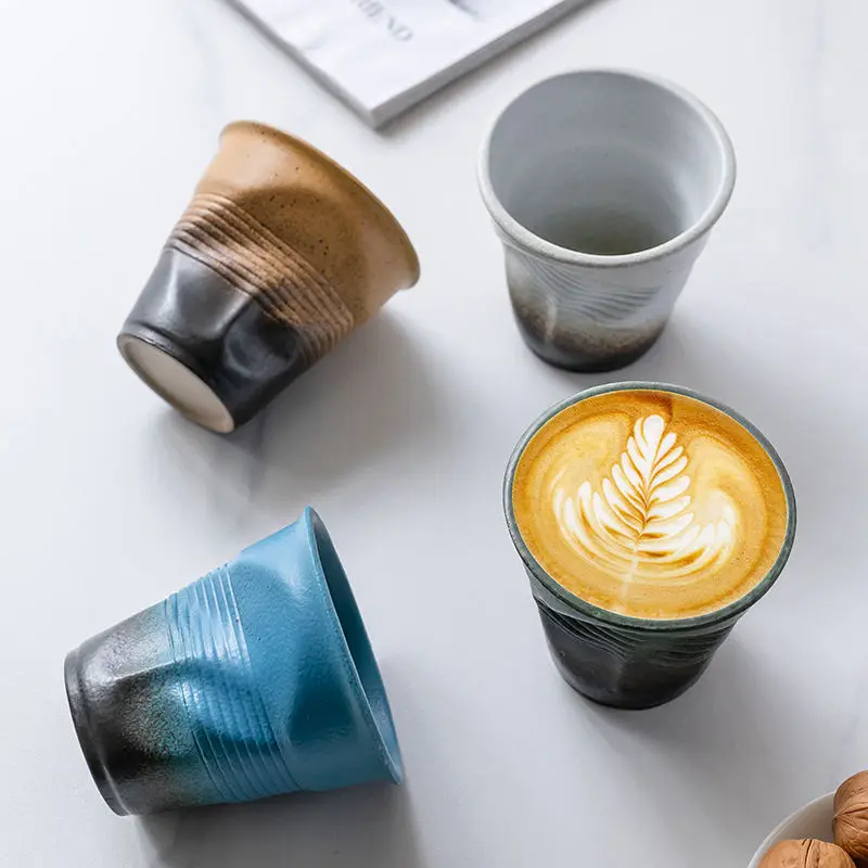 3D Paper Cup Design Reusable Pinched Mugs Creative Irregular Crumple Coffee Mug Italian Espresso Cups Crinkled Pottery Cup