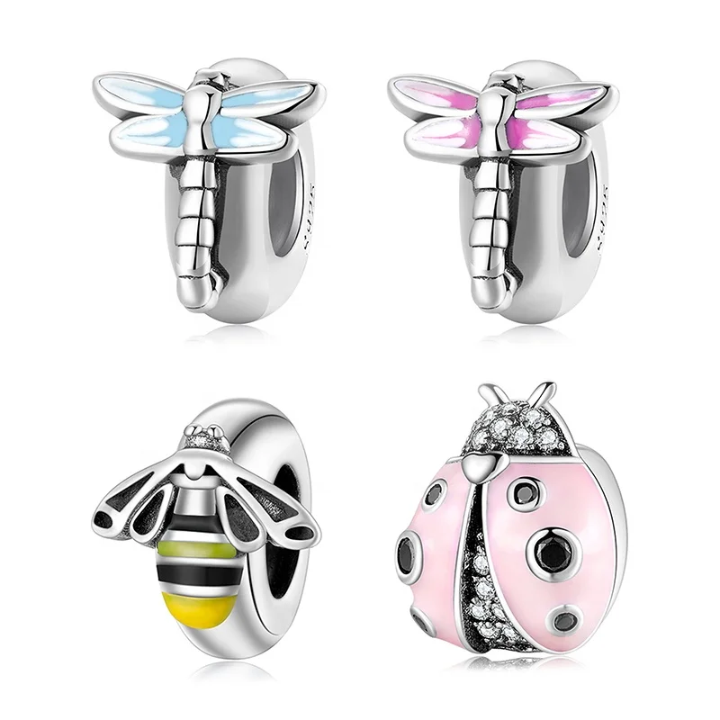 Real 925 Sterling Sliver Pink Enamel Butterfly CZ Spacer Beads Charms for Bracelet Jewelry making Fashion Accessories Hot Sale
