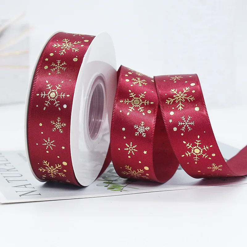 E-Magic Wholesale Christmas Snowflake Satin Ribbon Red Gold Foil Printed Webbing Christmas Ribbon For Crafts Xmas Gift Box