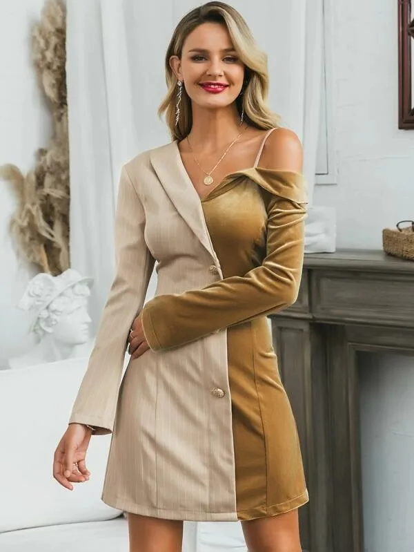 Clothing Manufacturer Shawl Collar Cold Shoulder Long Sleeves Colorblock Velvet Blazer for Women