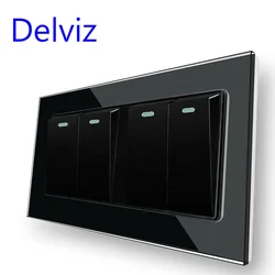 Delviz Toughened Crystal Glass Switch Panel, AC 110V~250V Square 16A Power controller, 4 Gang 2 Way Push Button Wall Lamp Switch