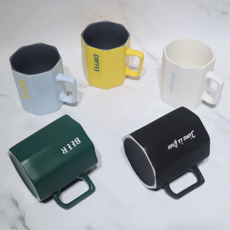 2020 Simple Ceramic Cup Nordic Style Diamond Mug Creative Octagonal Coffee Cup With Lid Spoon Gift Cup Wholesale