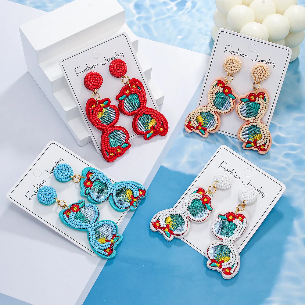 Bestone Holiday Style Sunglasses Rice Bead Earrings Personality Exaggerated Glasses Earrings Bohemian Hand-woven Earrings