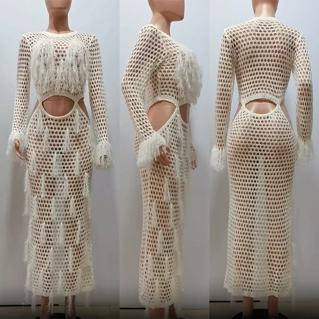 GX8691 Fashion Street Party Wear Boutique Long Sleeve Knitted Hollow Beach Dresses Tassel Sequin See Through Crochet Long Dress