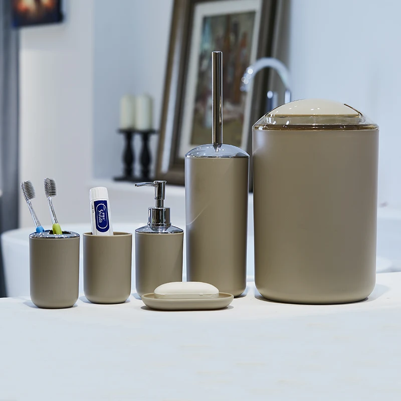 High quality bathroom accessory set plastic six piece suit cup/lotion bottle/ trash bin