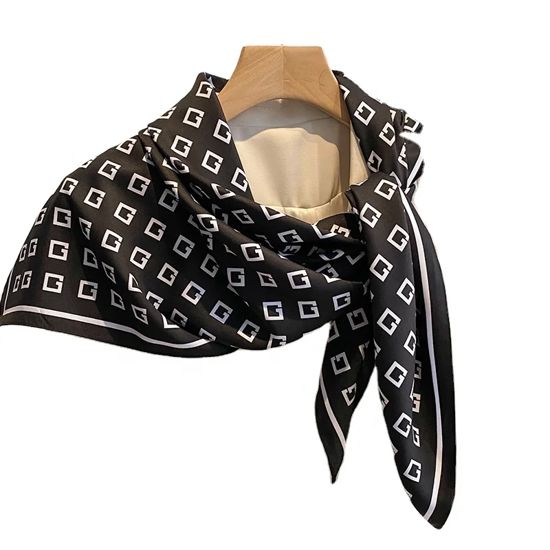 Custom Design Printing Silk Twillies Women Polyester Ribbon Hair Head Scarves Check Twill Scarf Square