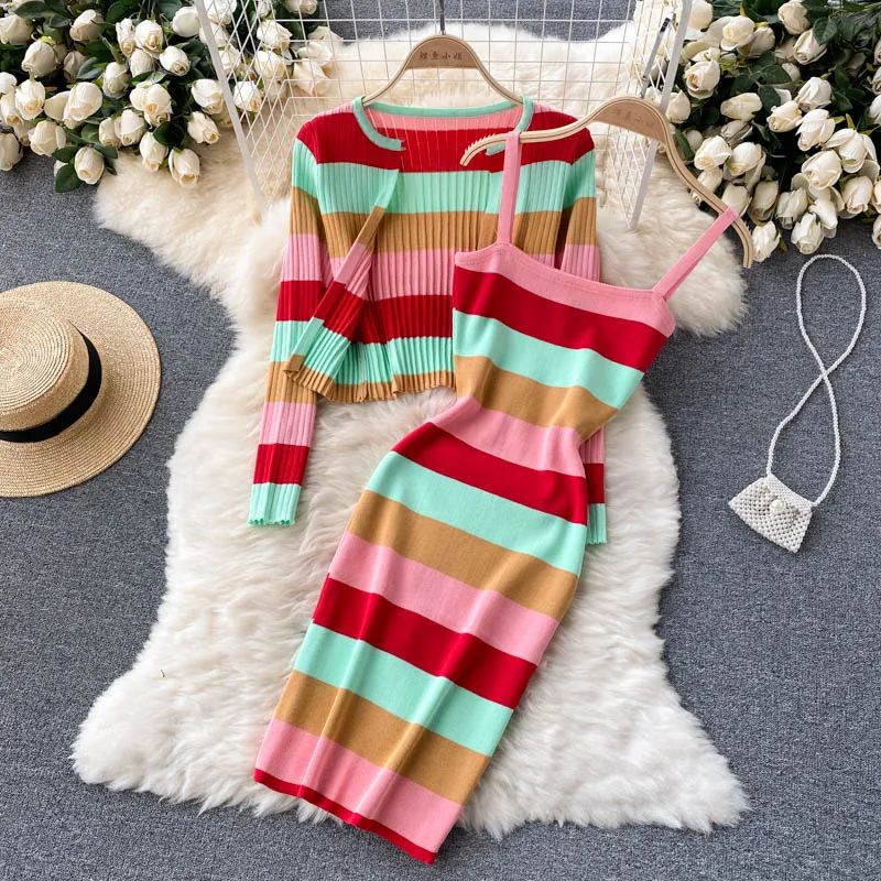 2 Pieces Sets Korea Stripe Vivid Neon Cardigan Knitting Coats Women Spaghetti Strap Tight Bodycon Dress Ladies Tow Piece Set