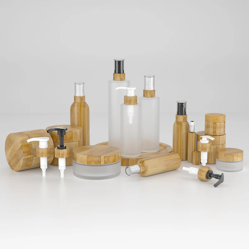 Refillable frosted glass dispenser cosmetic pot vial container wooden bamboo pump bottle jar with bamboo lotion pump lid